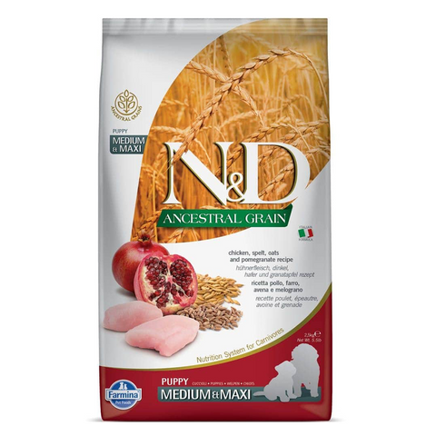 Farmina N&D Ancestral Grain - Chicken & Pomegranate - Puppy Dog Dry Food - Medium & Maxi Breed